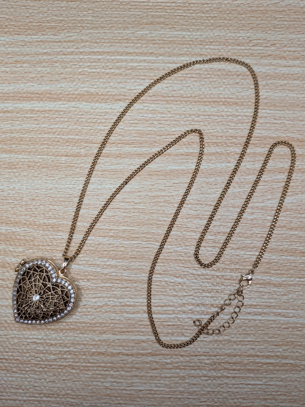 Gold Heart Filigree Locket Pendant Necklace with Crystal Accents